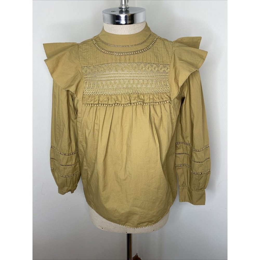 J Crew Women Boho Shirt Sz S Tan Ruffle Eyelet long Sleeve Peasant Top Blouse